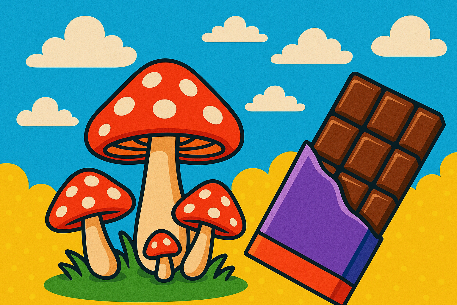 Grid display of psilocybin chocolate bars, gummies, and dried mushrooms