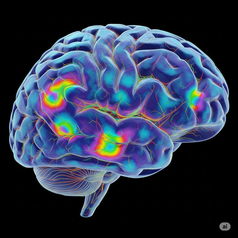 A vibrant, translucent 3D rendering of a human brain with several areas highlighted in a spectrum of warm colors (red, orange, yellow, green, blue, purple), indicating areas of increased activity. The surrounding brain tissue is a cool blue and purple, with visible network-like structures.