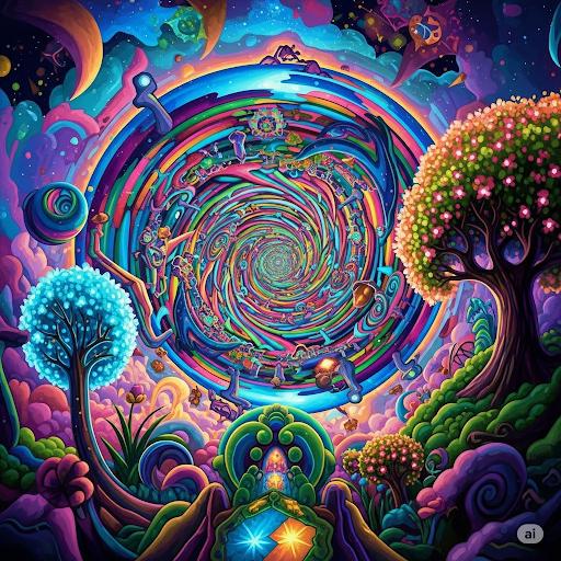 Person experiencing a psychedelic journey with visual patterns and emotional depth, exploring if psychedelic experiences are real
